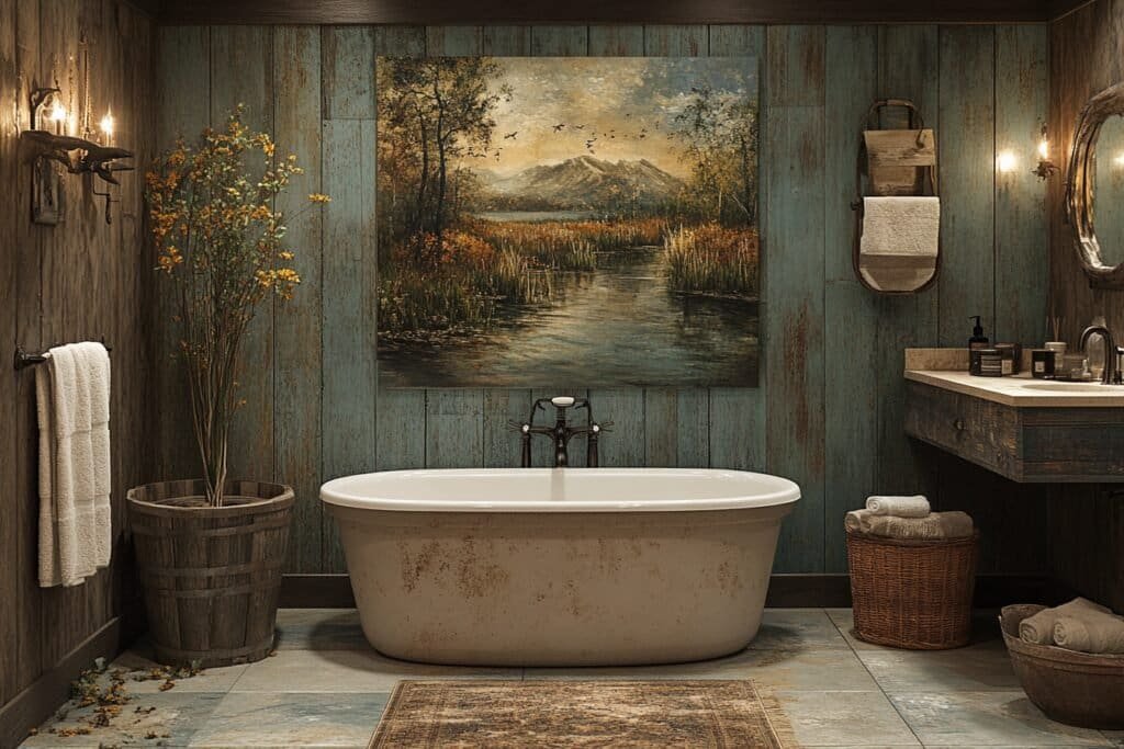 Cozy wildlife-themed bathroom design in a rustic cabin setting.