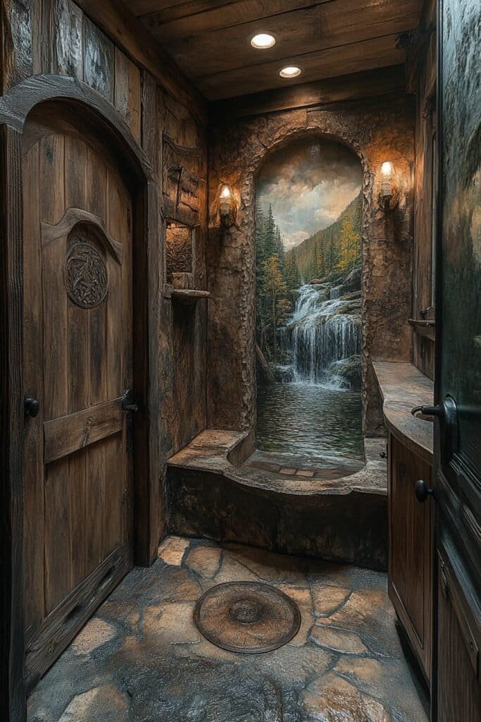 Rustic forest-themed bathroom design with wildlife decor.