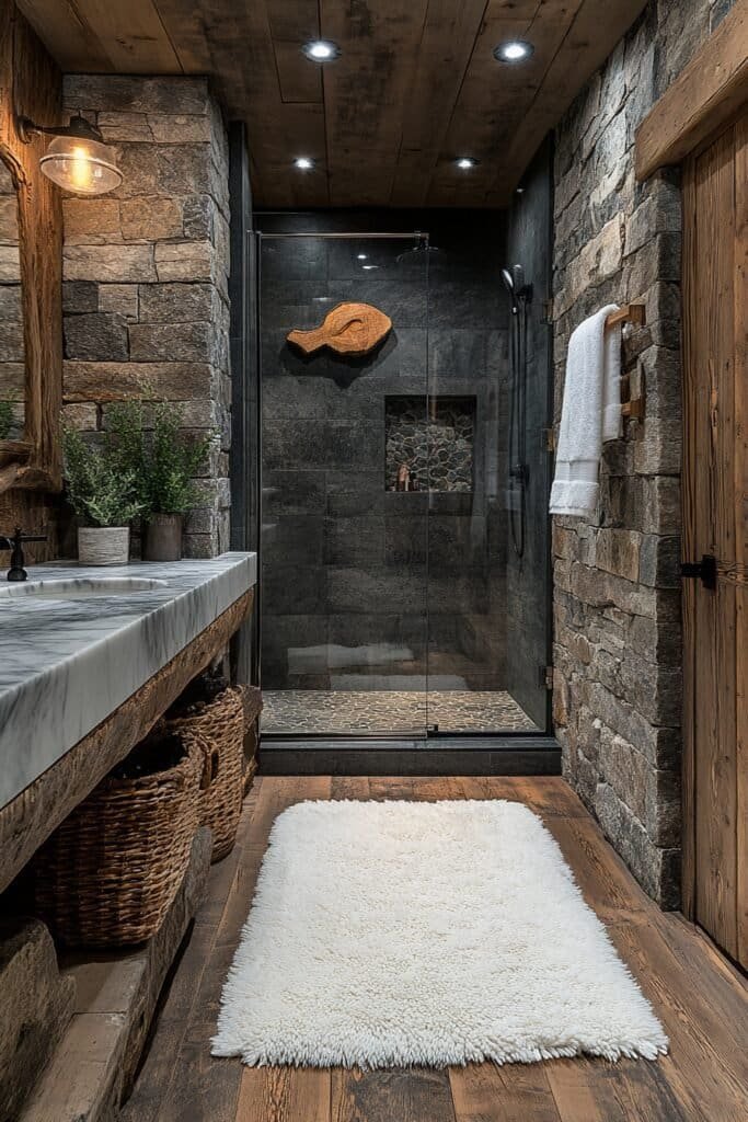 Nature-inspired wildlife bathroom design in a ski lodge.