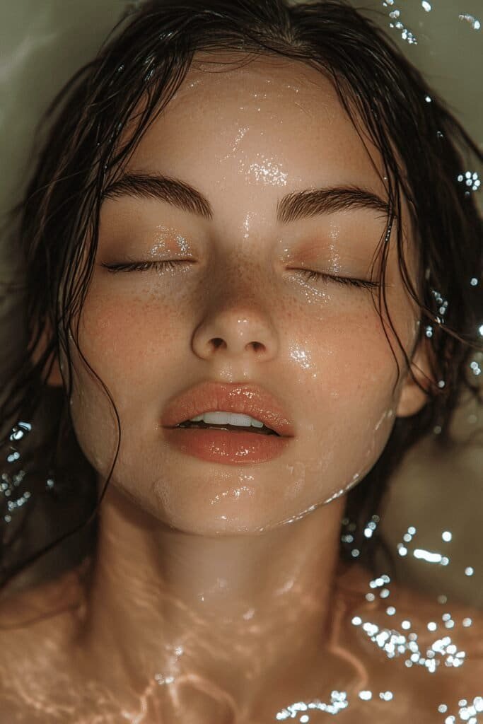 Woman with radiant, glowing skin after enjoying the benefits of a milk bath.