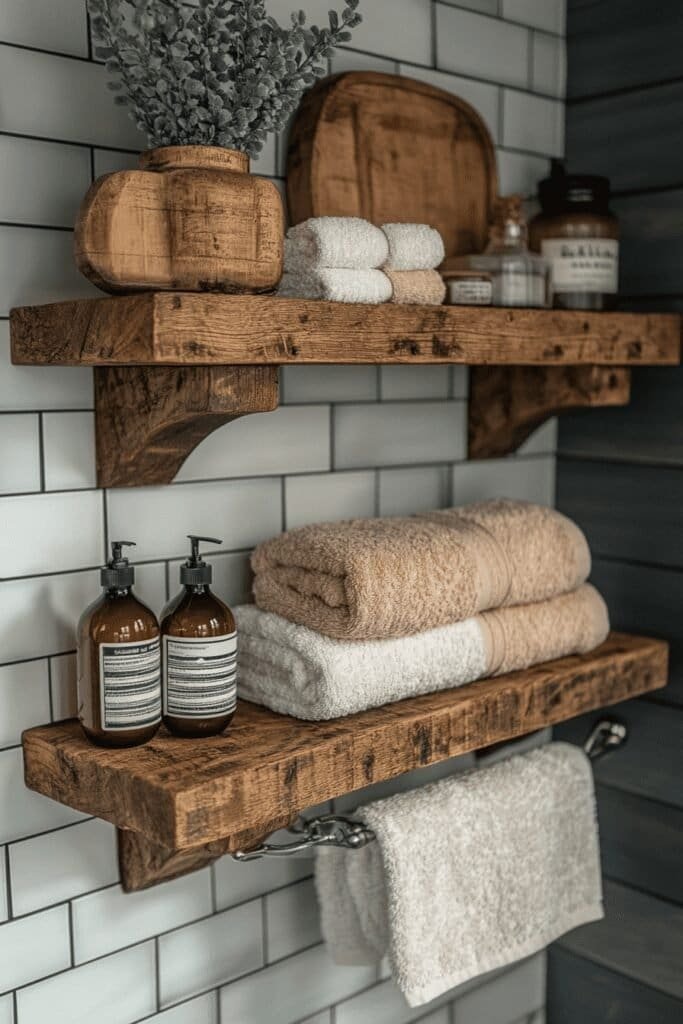 Wooden shelves in a fishing themed bathroom for storage.