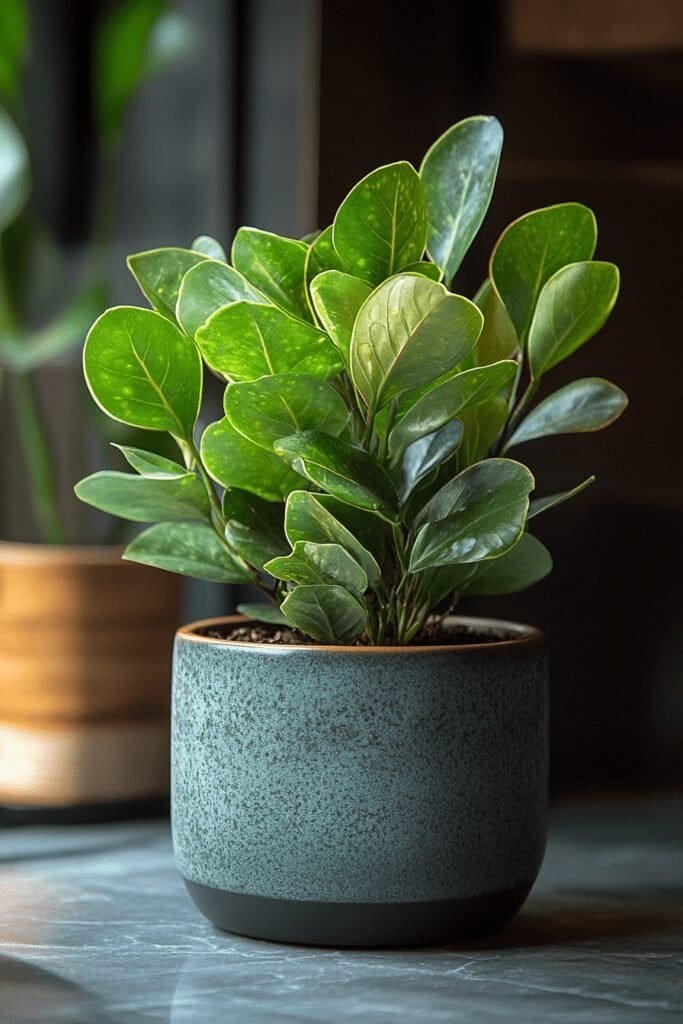 ZZ plant in a windowless bathroom with low light conditions.